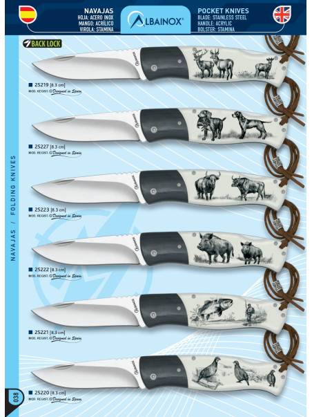 NOVEDAD NAVAJA CAZA MANGO ACRÍLICO ANIMALES