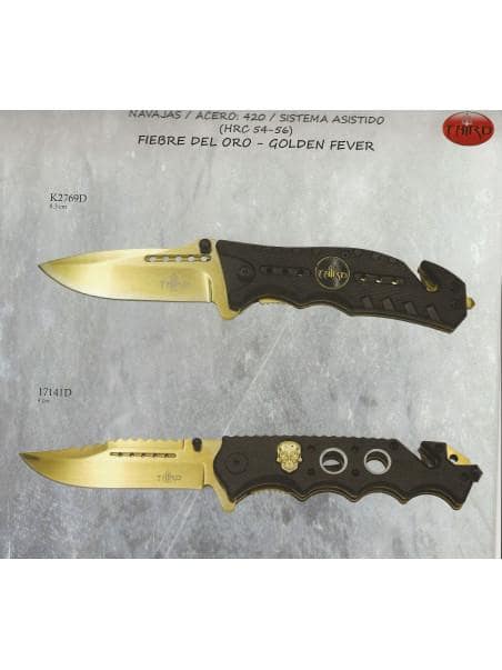 Hoja de 8 cm ba/ñada en Titanio Dorado THIRD Navaja asistida 17141D Mango de Aluminio Negro con Agujeros Liners y Calavera ba/ñados en Titanio Dorado con Clip Hoja Clip